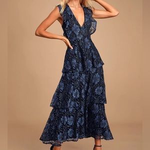 Lulus Molinetto Navy Blue Lace Ruffled Tiered Sleeveless Maxi Dress - Size Small